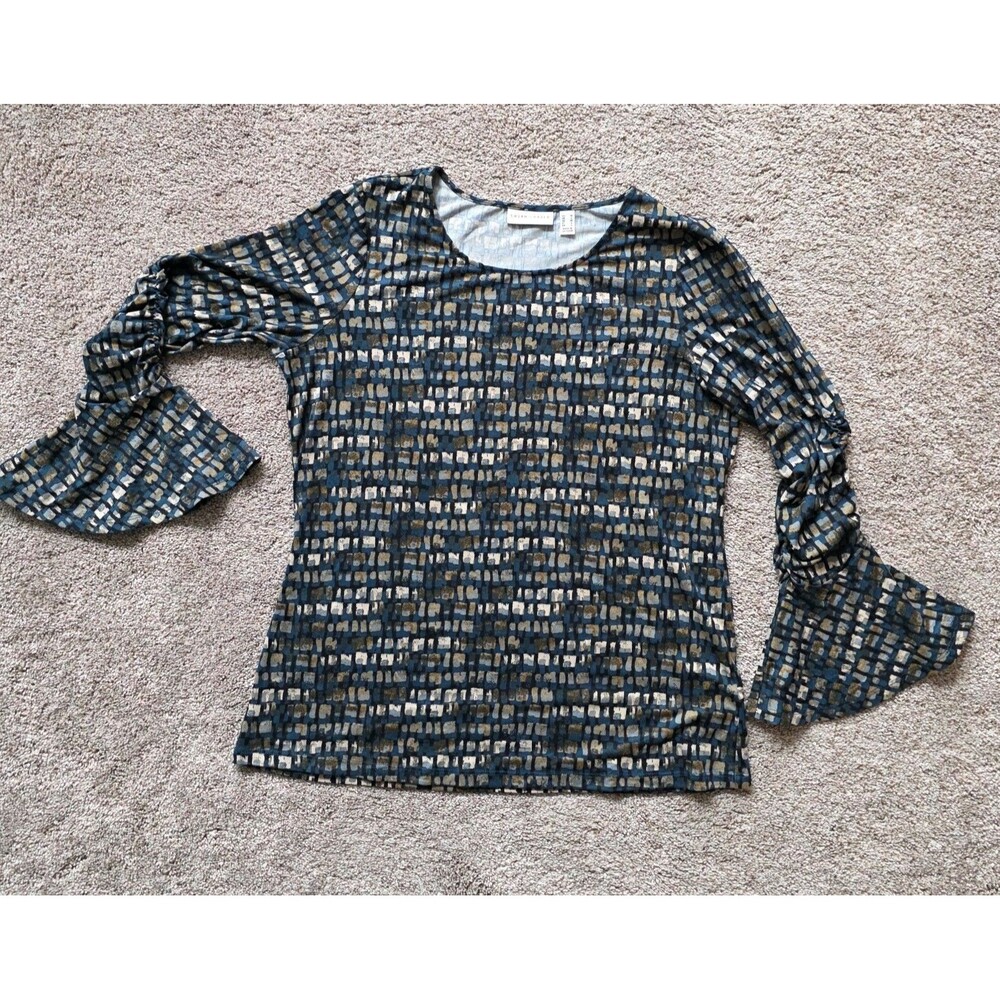 Susan Graver Brushed Liquid Knit Top M Blue Abstract Ruched Bell Sleeve Medium